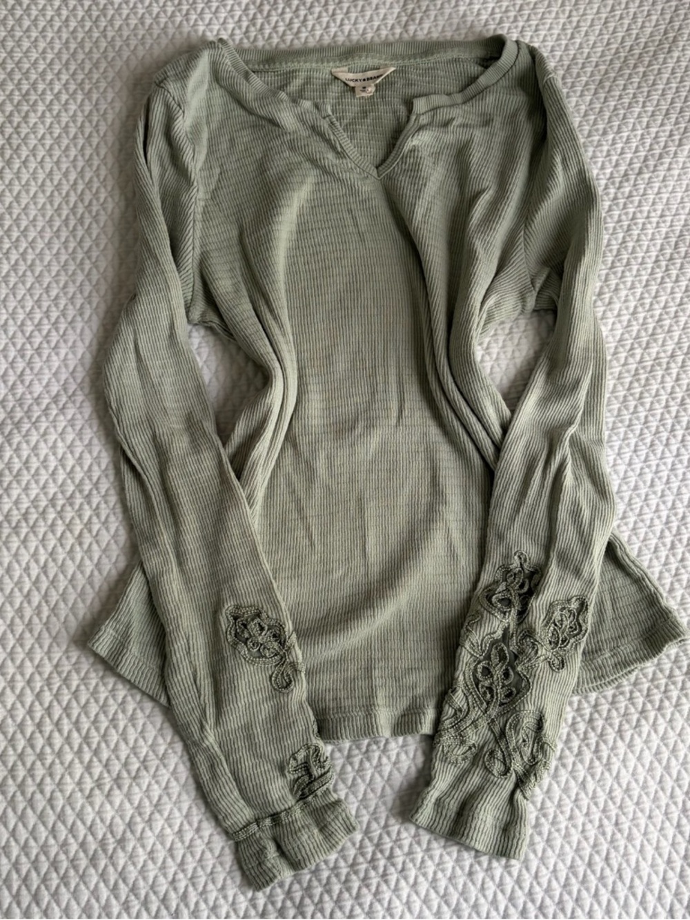 Lucky Brand Sage Green Ribbed V-Neck Long Sleeve Top